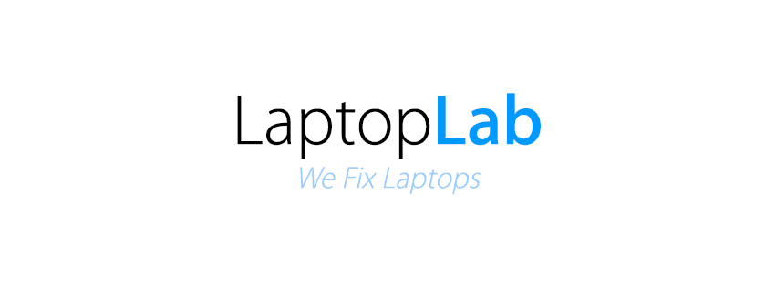 Logo for LaptopLab. The word "Laptop" is in black, "Lab" is in blue, and the tagline below reads "We Fix Laptops" in light blue.