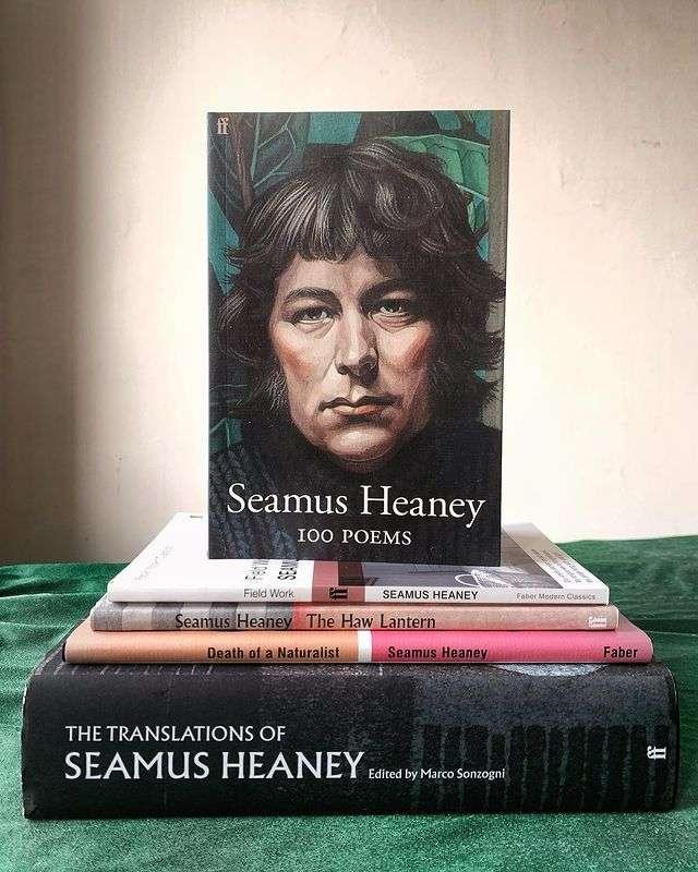 Stack of Seamus Heaney poetry books, with "100 Poems" featuring a painted portrait of Heaney standing upright on top of four other titles, including "Field Work," "The Haw Lantern," "Death of a Naturalist," and "The Translations of Seamus Heaney.
